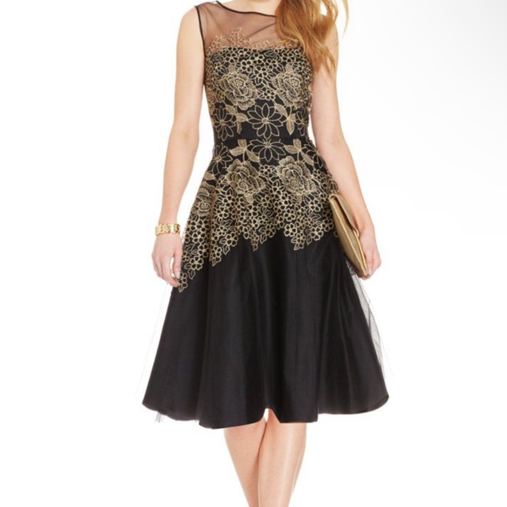 Tahari Black and Gold Sheath Midi Dress